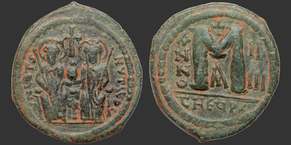 Odysseus Numismatique Monnaies Byzantines EMPIRE BYZANTIN - JUSTIN II & SOPHIE • Follis